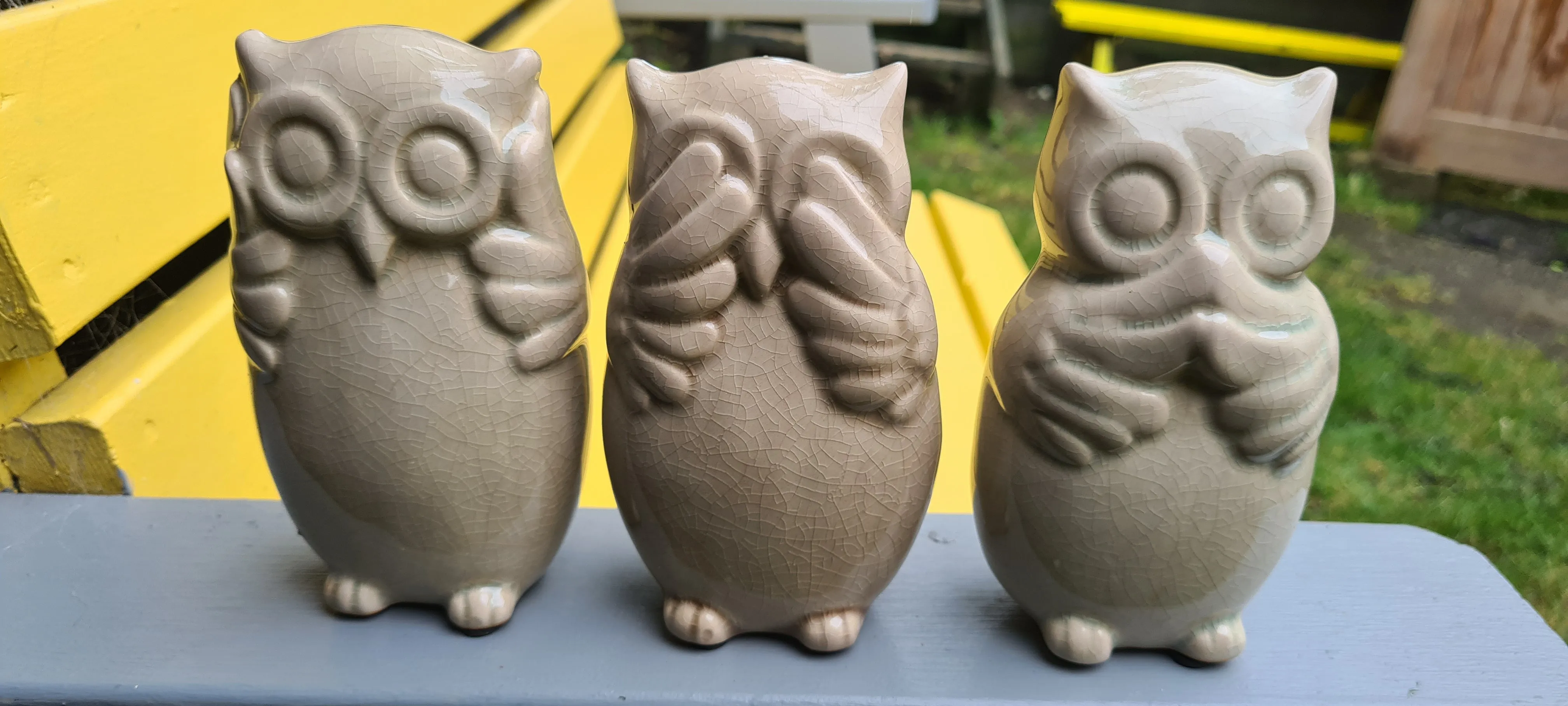 CERAMIC HEAR NO EVIL SEE NO EVIL SPEAK NO EVIL OWLS