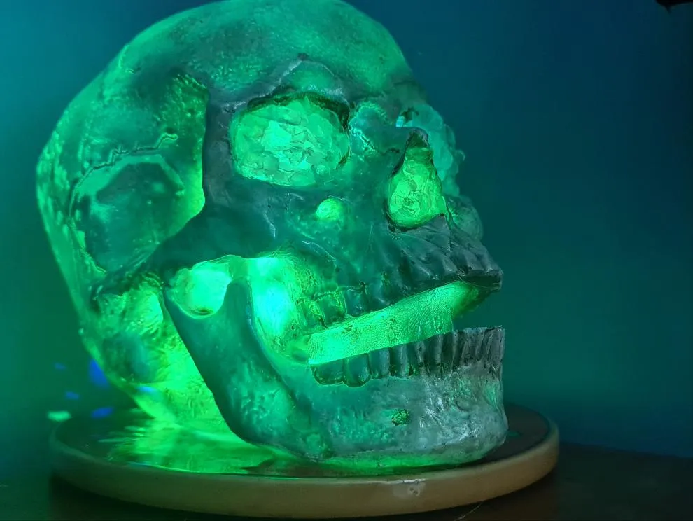CLEAR QUARTZ COLOUR CHANGING SKULL LAMP -made by me