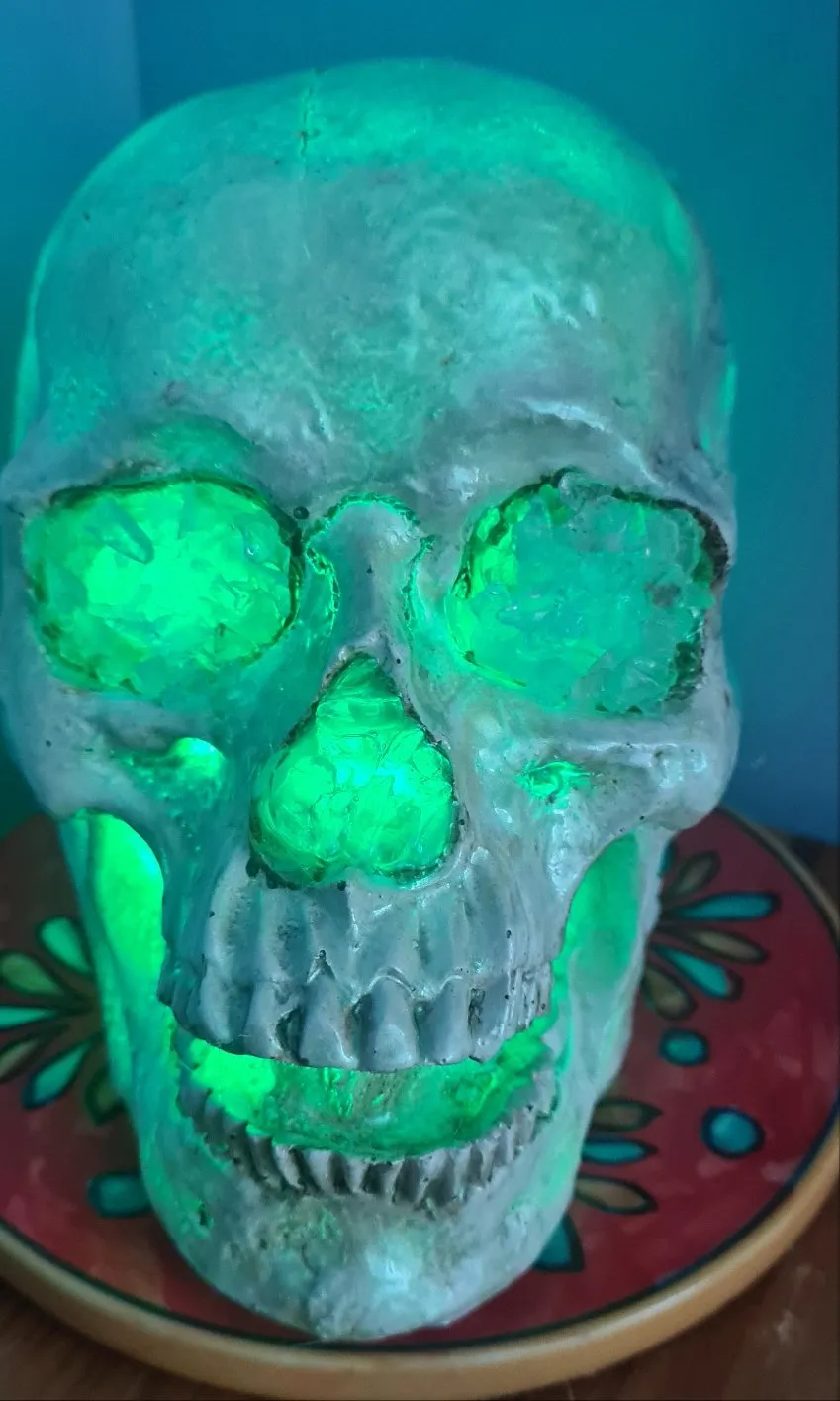 CLEAR QUARTZ COLOUR CHANGING SKULL LAMP -made by me