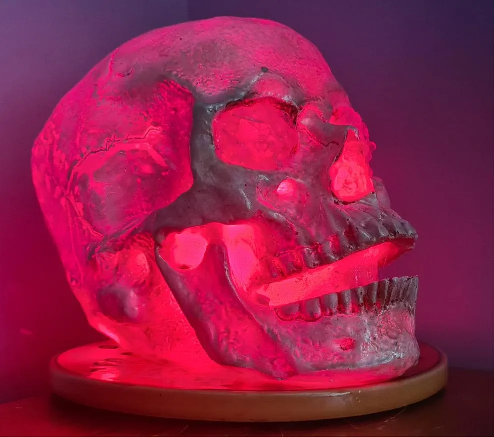 CLEAR QUARTZ COLOUR CHANGING SKULL LAMP -made by me