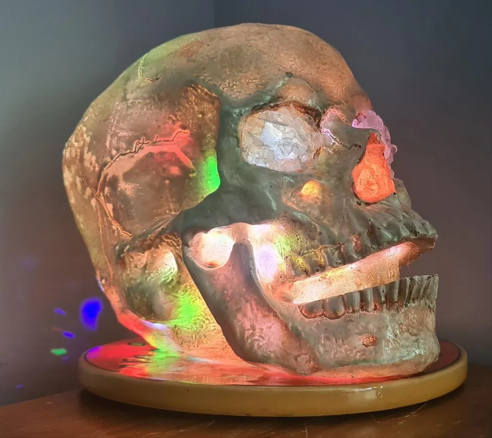 CLEAR QUARTZ COLOUR CHANGING SKULL LAMP -made by me
