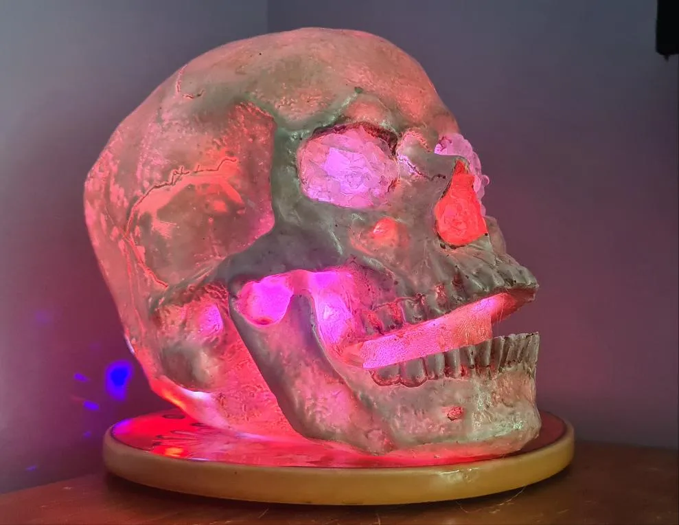 CLEAR QUARTZ COLOUR CHANGING SKULL LAMP -made by me
