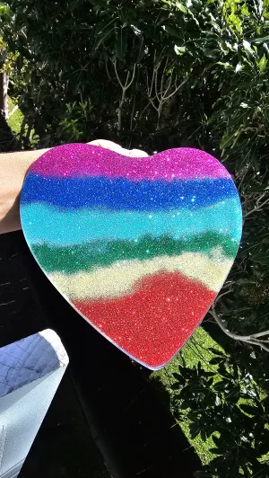 GLITTERY RAINBOW HEART GLASS WALL ART