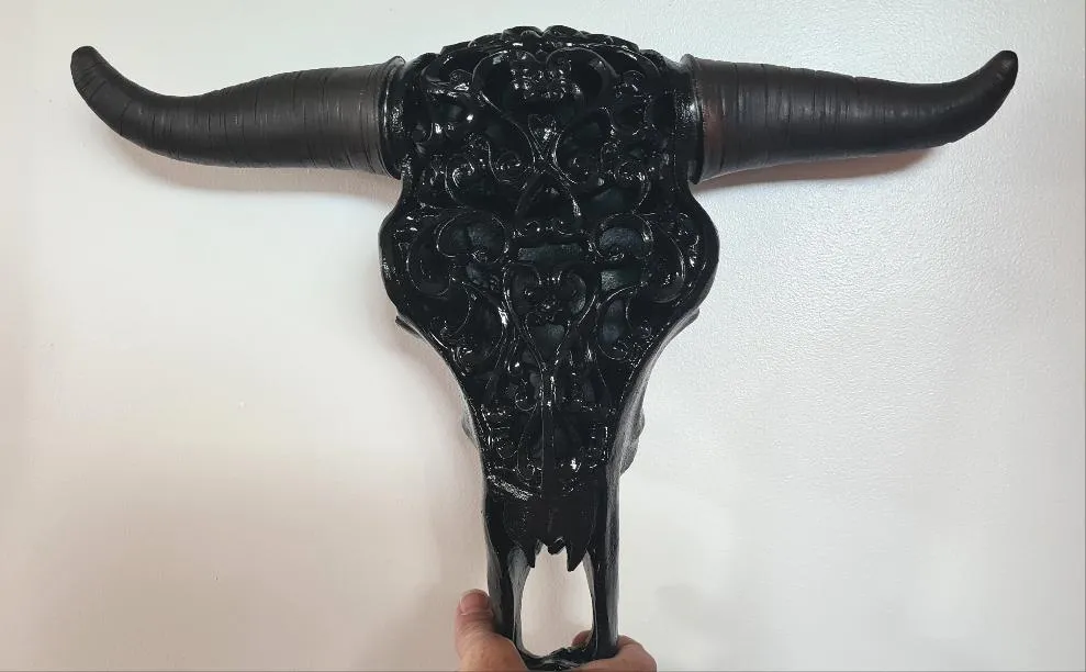 GLOSS BLACK LARGE  CARVED BULL HEAD(painted by me)