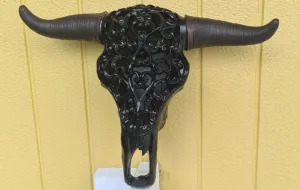 GLOSS BLACK LARGE  CARVED BULL HEAD(painted by me)
