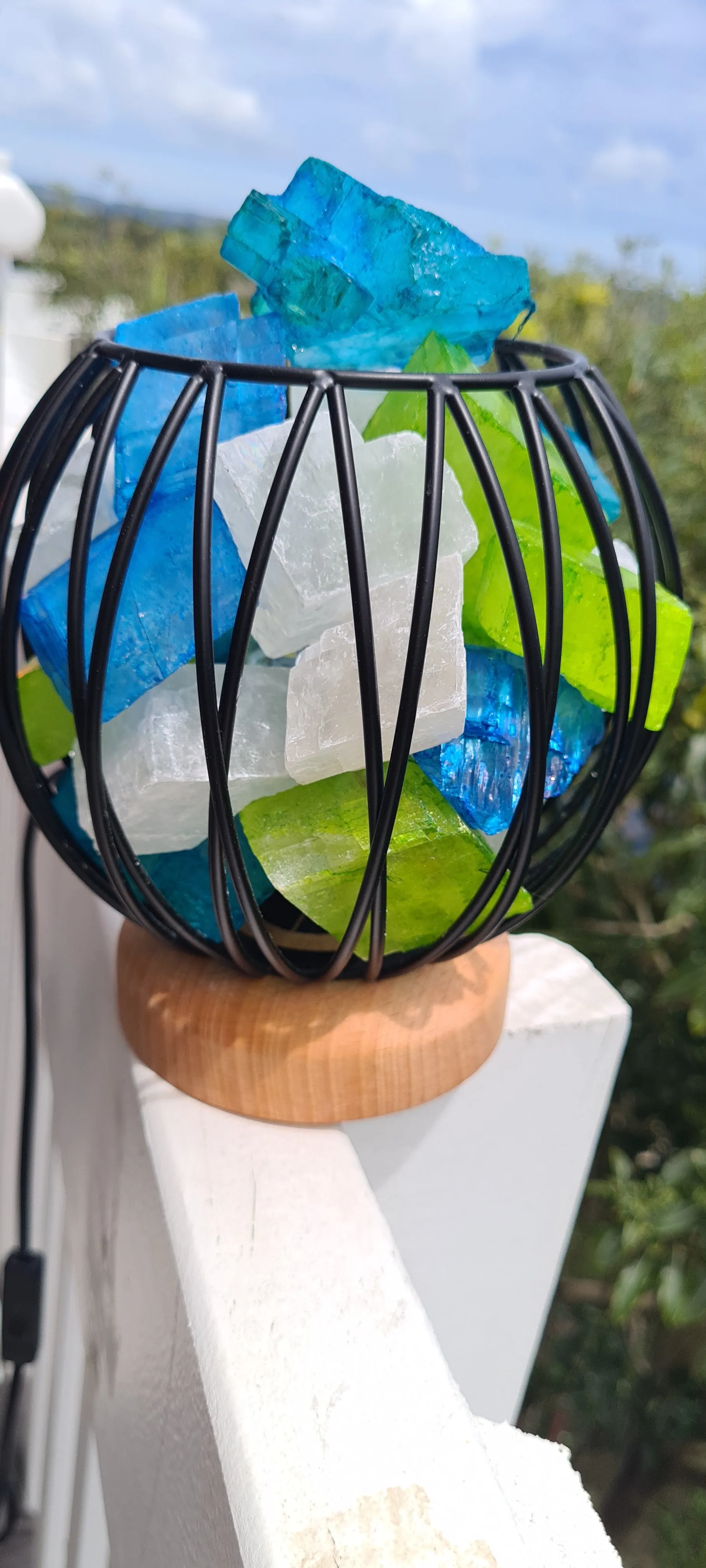 GREEN BLUE CLEAR QUARTZ CRYSTAL CAGE LAMP