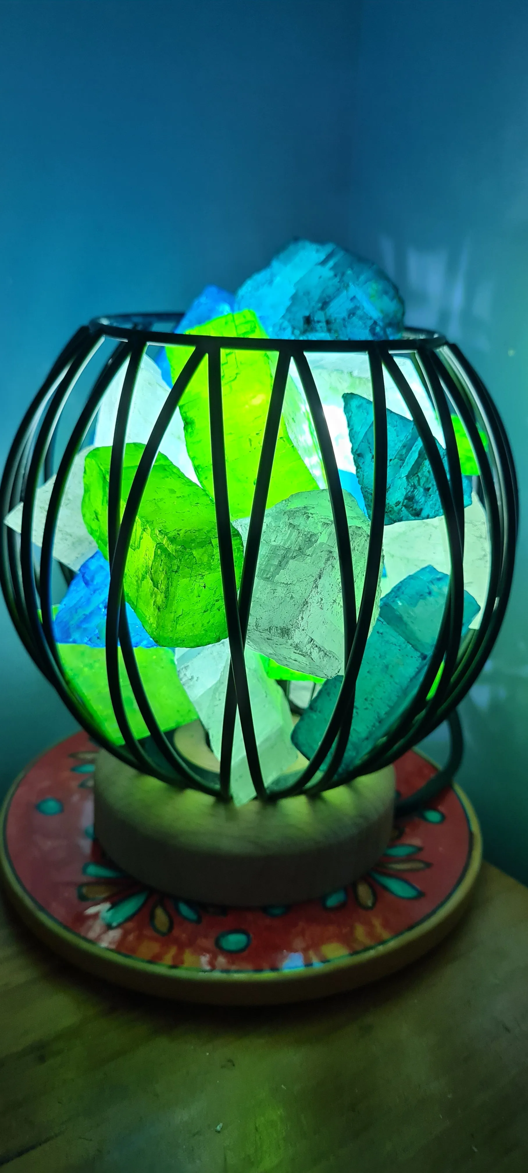 GREEN BLUE CLEAR QUARTZ CRYSTAL CAGE LAMP