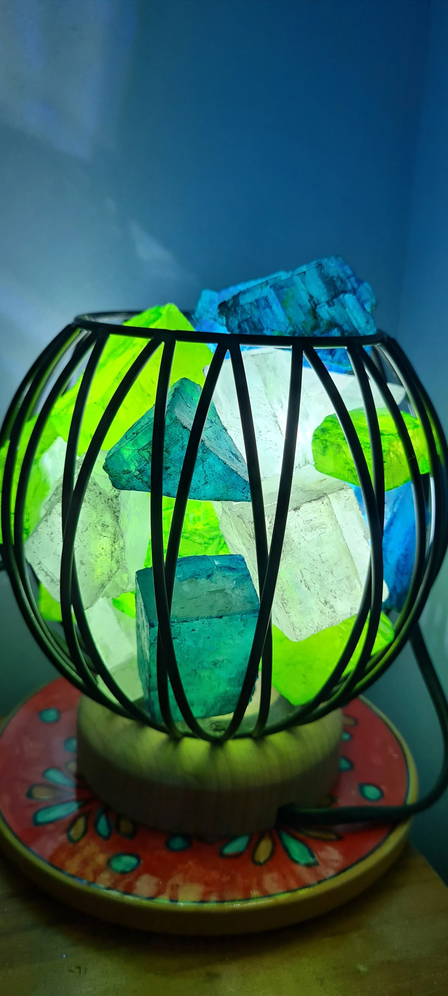 GREEN BLUE CLEAR QUARTZ CRYSTAL CAGE LAMP