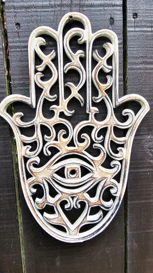 WHITEWASH WOOD HAMSA WALL ART